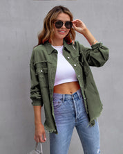 Ripped Shacket For Women Overshirt Jacket Breathable Cotton Army Green Jackets