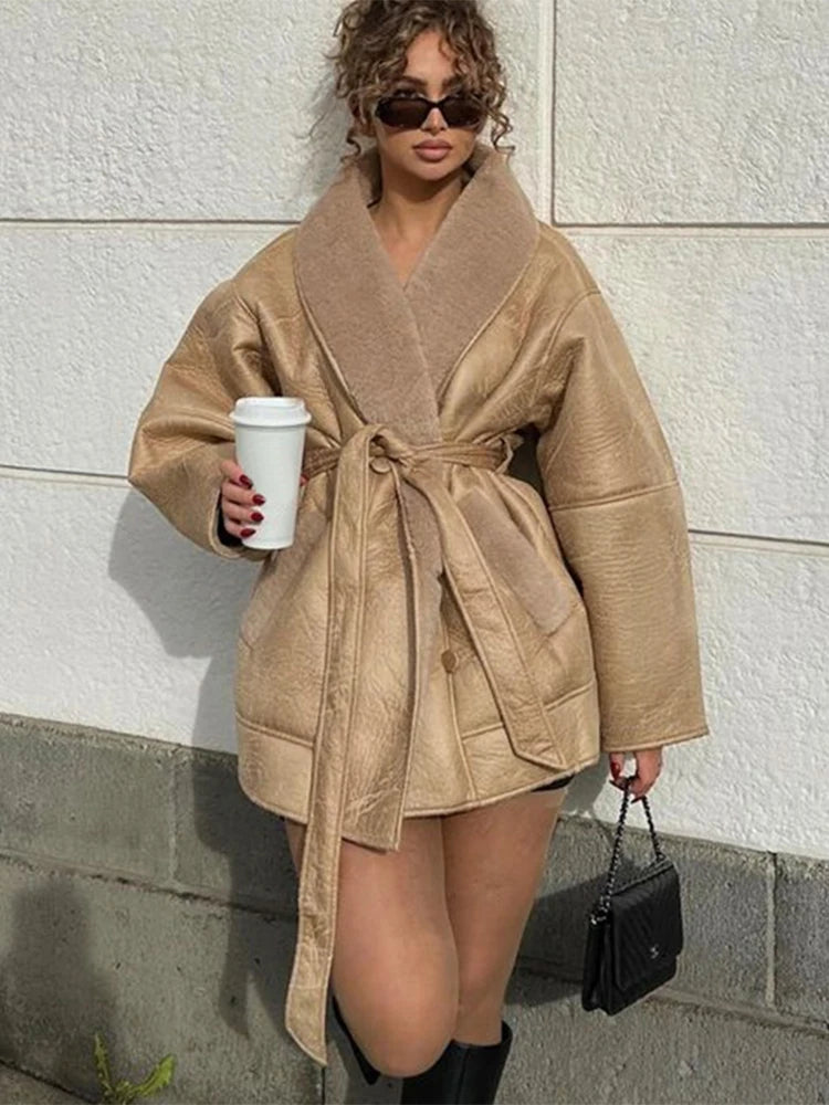 Warm Lambswool Leather Jacket For Women Fur Lined Winter - OKOHOKO™ FASHION