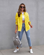 Ripped Shacket For Women Overshirt Jacket Breathable Cotton Yellow Jackets