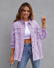 Ripped Shacket For Women Overshirt Jacket Breathable Cotton Light Purple Jackets