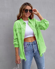 Ripped Shacket For Women Overshirt Jacket Breathable Cotton Apple Green Jackets