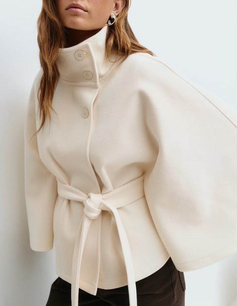 Belted Batwing Sleeve Trench Coat For Women Winter Warm White Coats