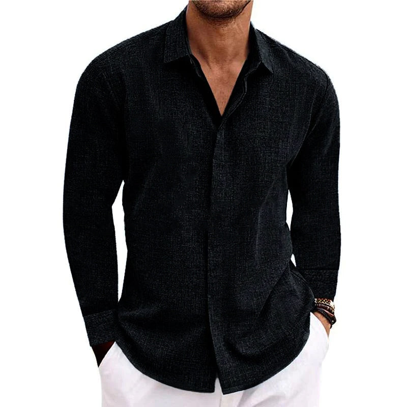 Mens Linen Long Sleeve Shirt Breathable Classic Fit Black Shirts & Tops