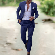 Breathable Linen Suit For Men Summer Two Piece Outfit Marine Blue Men Set