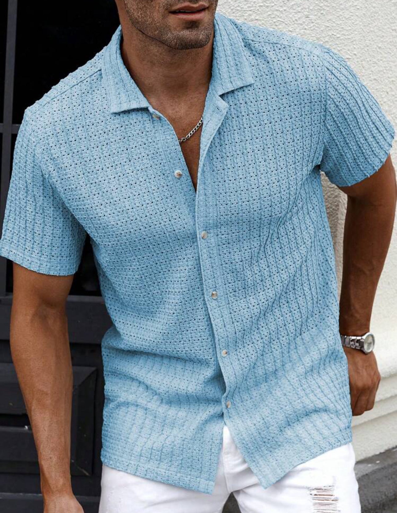 Men's Slim Fit Short Sleeve Casual Shirt For Everyday Wear Light Blue Shirts