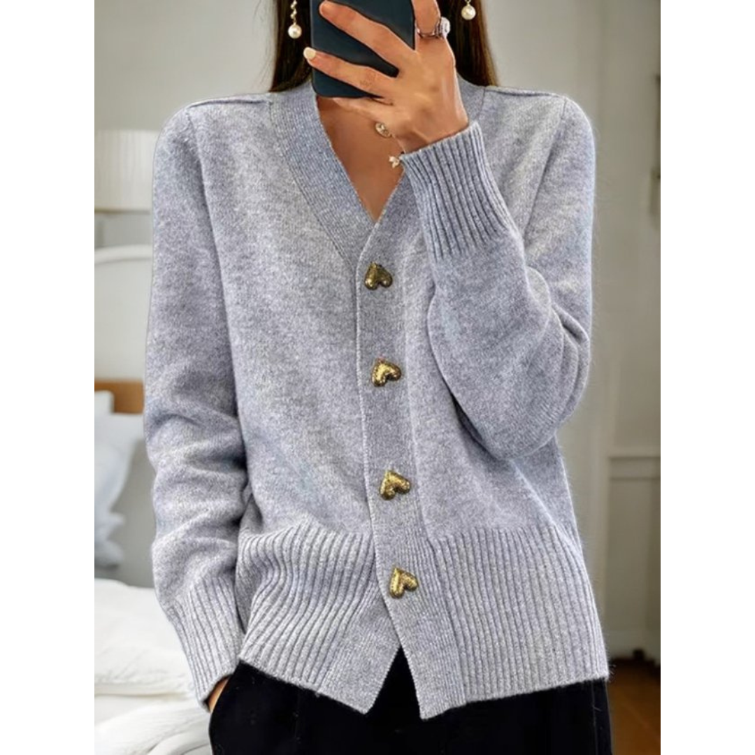 Flattering Button Up Cardigan With Gold Heart Buttons - OKOHOKO™ FASHION