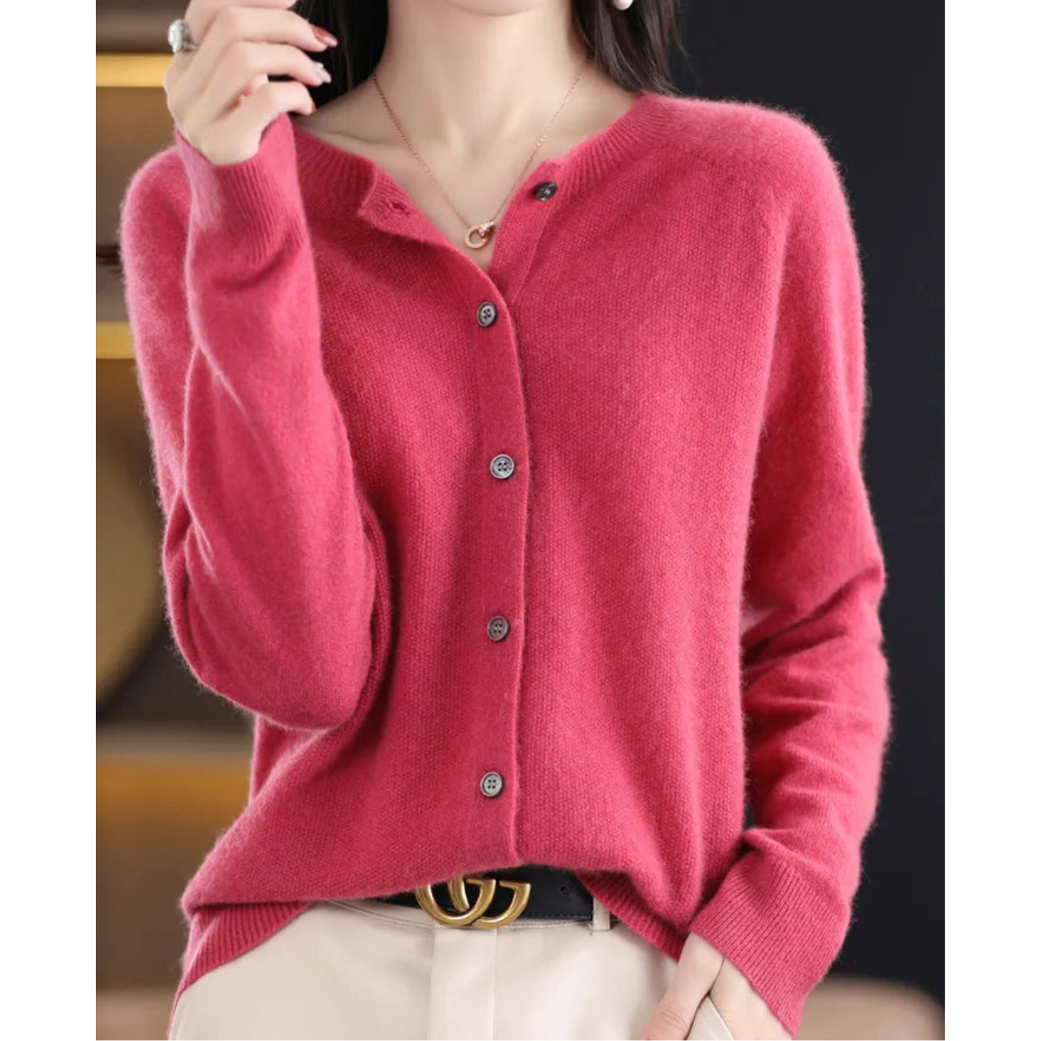 Ladies Wool Cardigan Cashmere Blend O Neck Cozy Sweater - OKOHOKO™ FASHION