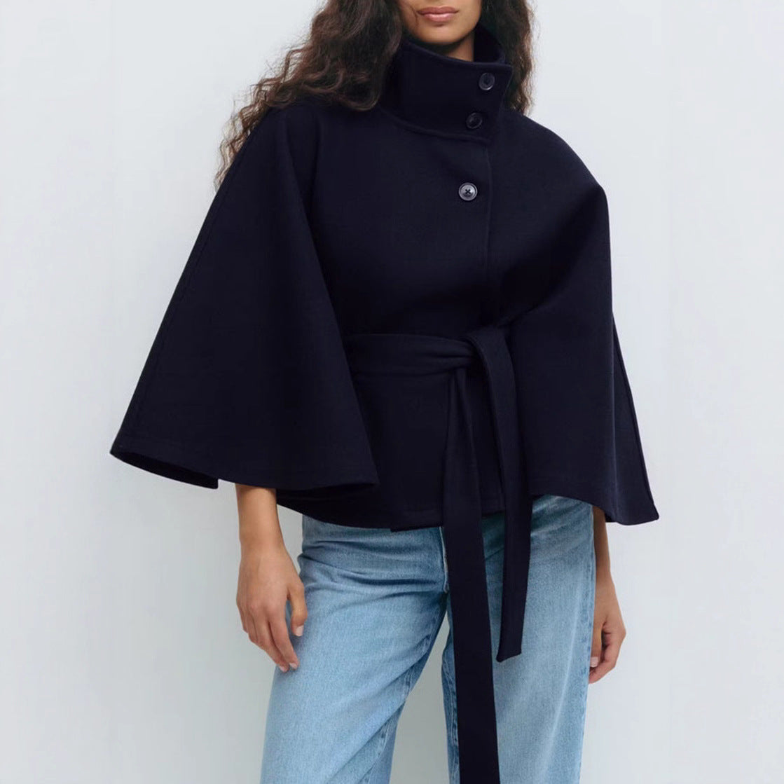 Belted Batwing Sleeve Trench Coat For Women Winter Warm Navy Blue Coats