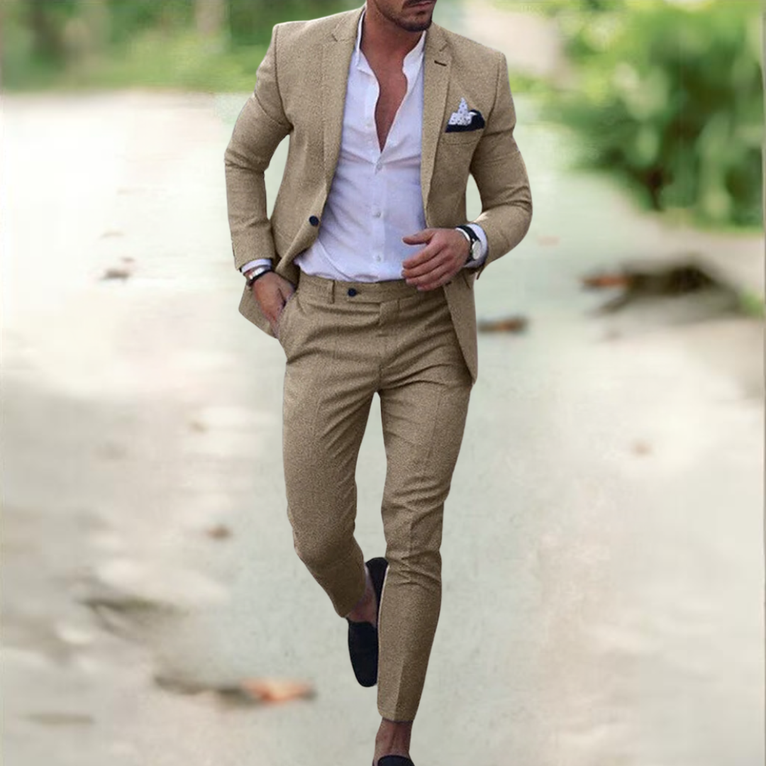 Breathable Linen Suit For Men Summer Two Piece Outfit Beige Men Set