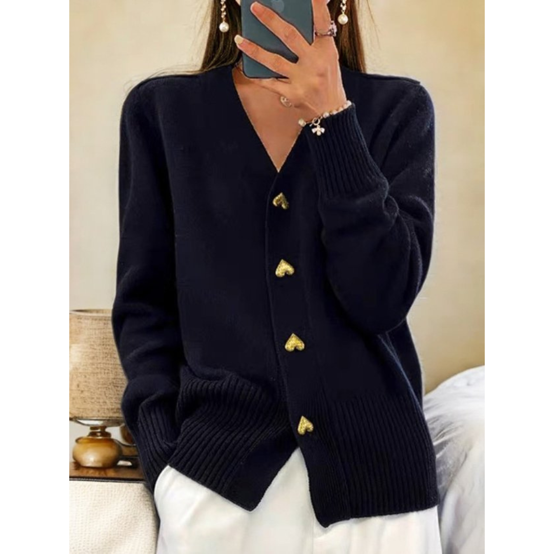 Flattering Button Up Cardigan With Gold Heart Buttons - OKOHOKO™ FASHION