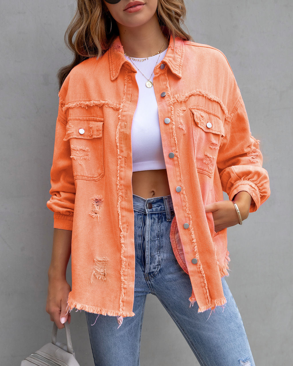Ripped Shacket For Women Overshirt Jacket Breathable Cotton Orange Jackets