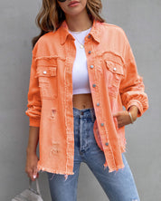 Ripped Shacket For Women Overshirt Jacket Breathable Cotton Orange Jackets