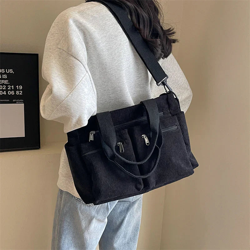 Corduroy Tote Bag Large Carryall For Everyday Style Black Bag