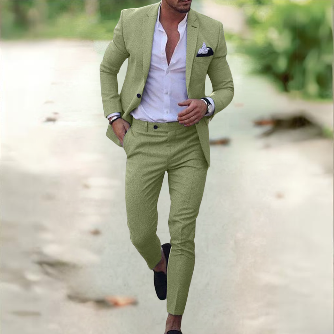 Breathable Linen Suit For Men Summer Two Piece Outfit Green Men Set