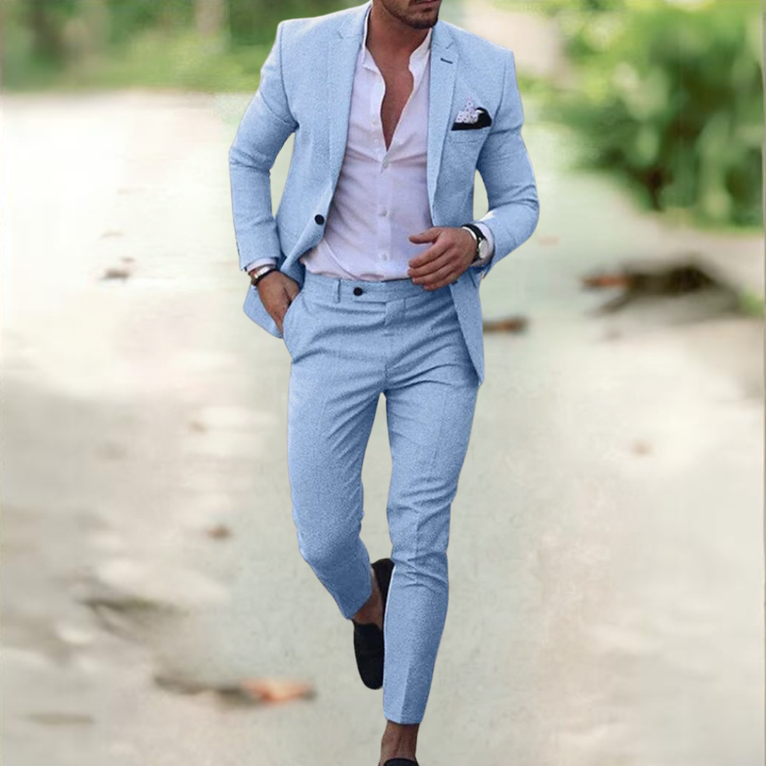 Breathable Linen Suit For Men Summer Two Piece Outfit Sky Blue Men Set