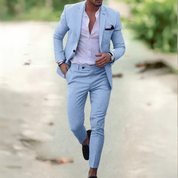 Breathable Linen Suit For Men Summer Two Piece Outfit Sky Blue Men Set
