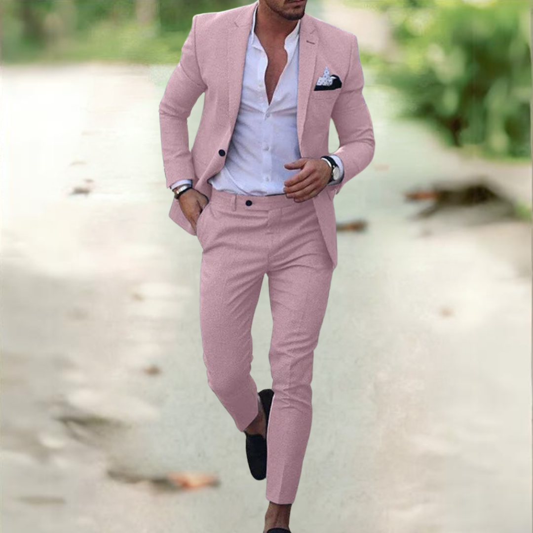 Breathable Linen Suit For Men Summer Two Piece Outfit Pink Men Set