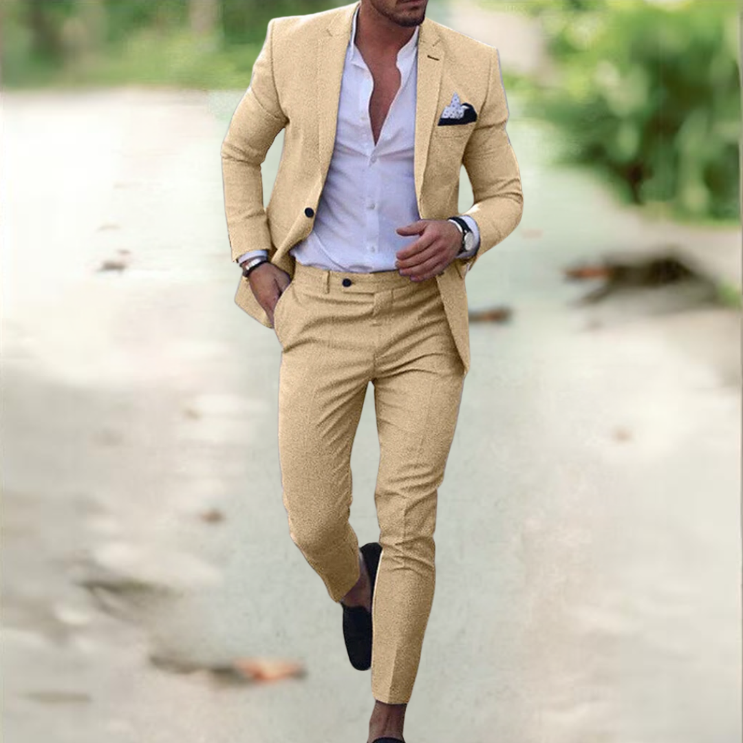 Breathable Linen Suit For Men Summer Two Piece Outfit Yellow Men Set
