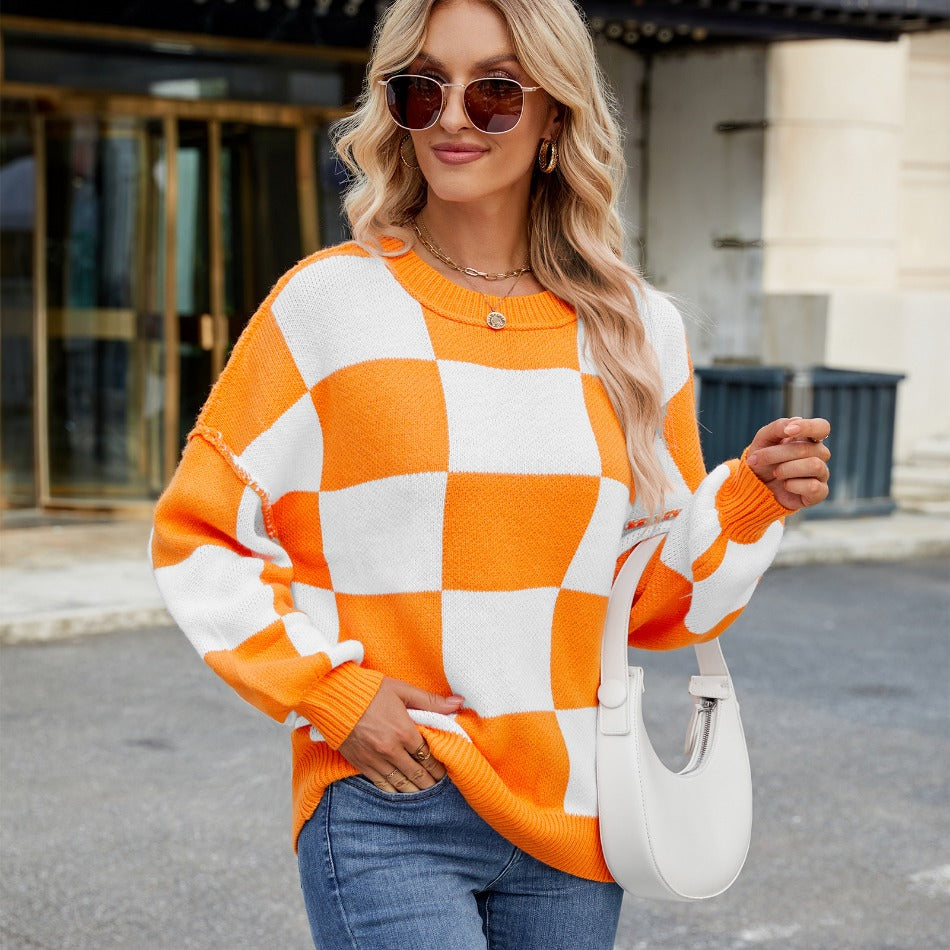 Womens Checkerboard Knit Sweater For Cozy Warmth Everyday - OKOHOKO™ FASHION