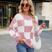 Womens Checkerboard Knit Sweater For Cozy Warmth Everyday - OKOHOKO™ FASHION
