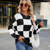 Womens Checkerboard Knit Sweater For Cozy Warmth Everyday - OKOHOKO™ FASHION