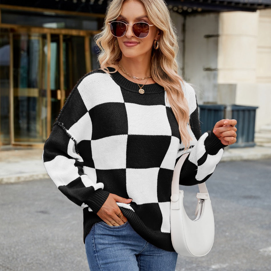 Womens Checkerboard Knit Sweater For Cozy Warmth Everyday - OKOHOKO™ FASHION