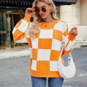 Womens Checkerboard Knit Sweater For Cozy Warmth Everyday - OKOHOKO™ FASHION