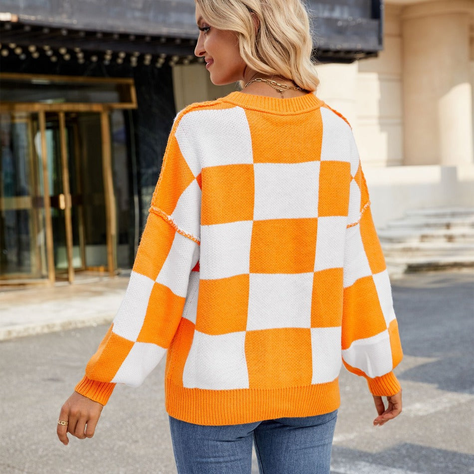 Womens Checkerboard Knit Sweater For Cozy Warmth Everyday - OKOHOKO™ FASHION