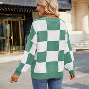 Womens Checkerboard Knit Sweater For Cozy Warmth Everyday - OKOHOKO™ FASHION