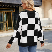 Womens Checkerboard Knit Sweater For Cozy Warmth Everyday - OKOHOKO™ FASHION