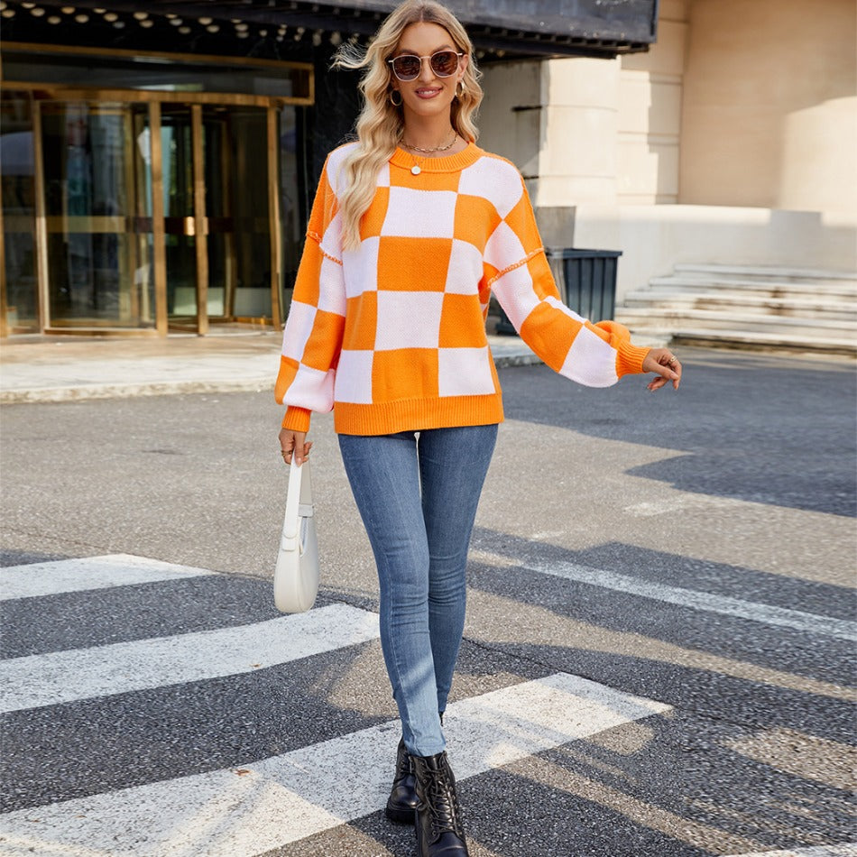 Womens Checkerboard Knit Sweater For Cozy Warmth Everyday - OKOHOKO™ FASHION