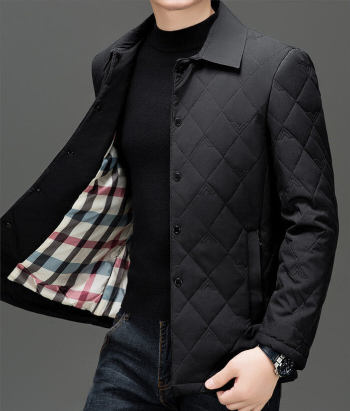 Diamond Quilted Jacket With Plaid Lining Weatherproof Coat Men's Clothing
