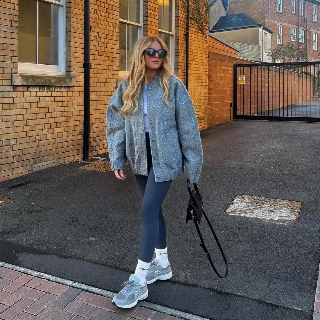 Womens Oversized Tweed Bomber Jacket Cozy Autumn Style - OKOHOKO™ FASHION