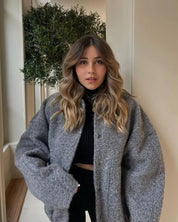 Womens Oversized Tweed Bomber Jacket Cozy Autumn Style - OKOHOKO™ FASHION