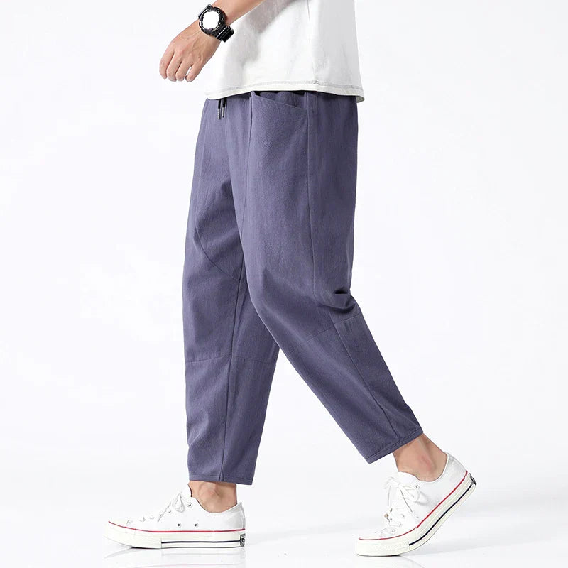 Linen Cropped Pants High Waisted Summer Breathable Comfort Indigo Trousers