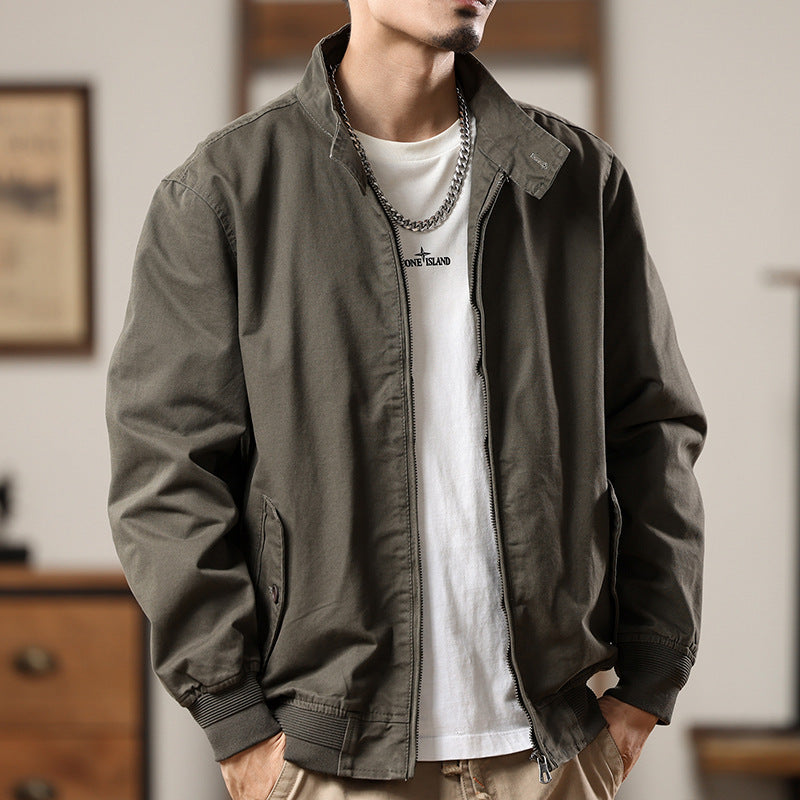 Canvas Wind Resistant Pilot Collar Jacket For Layering Olive Green Men's Clothing