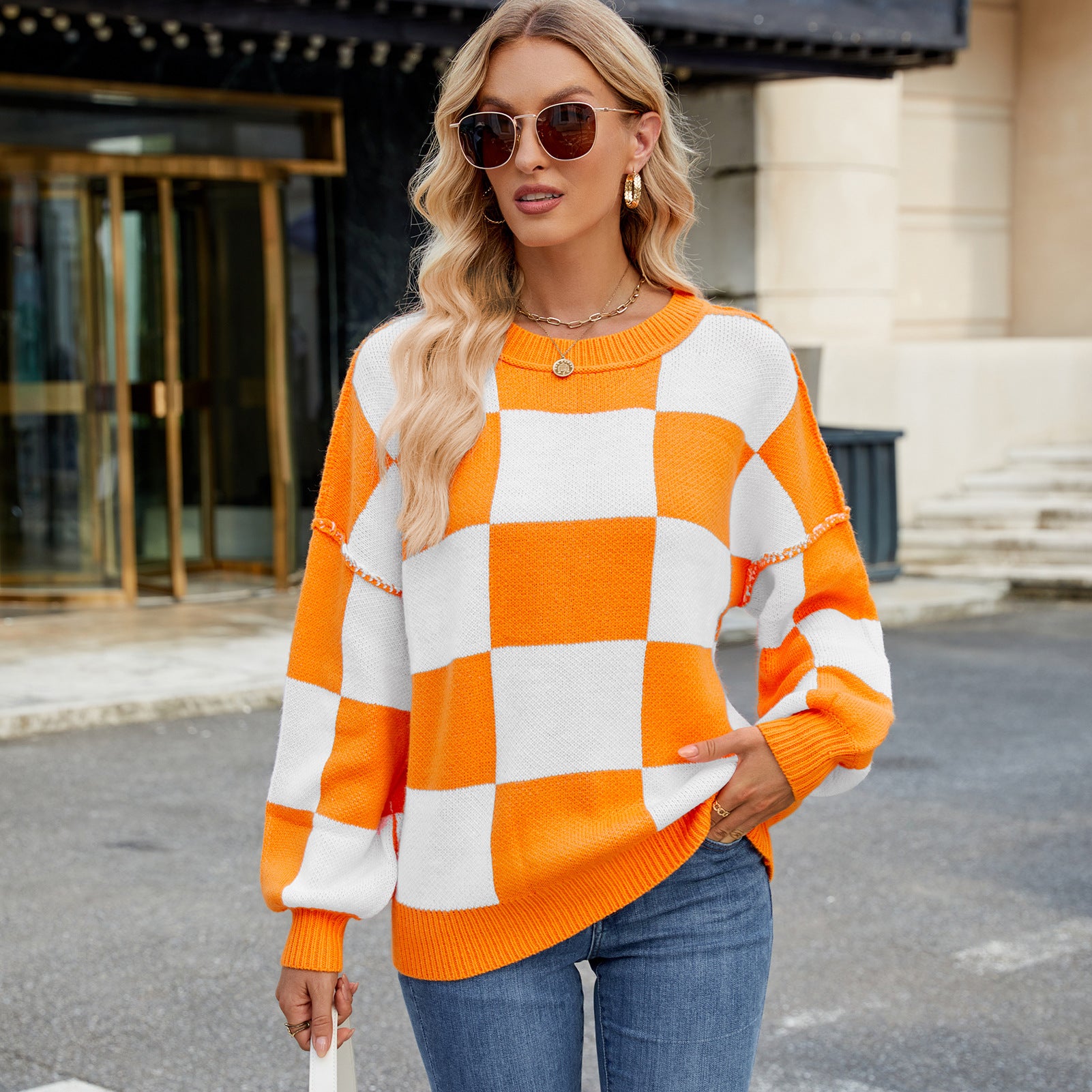 Womens Checkerboard Knit Sweater For Cozy Warmth Everyday - OKOHOKO™ FASHION