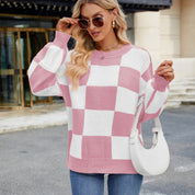 Womens Checkerboard Knit Sweater For Cozy Warmth Everyday - OKOHOKO™ FASHION