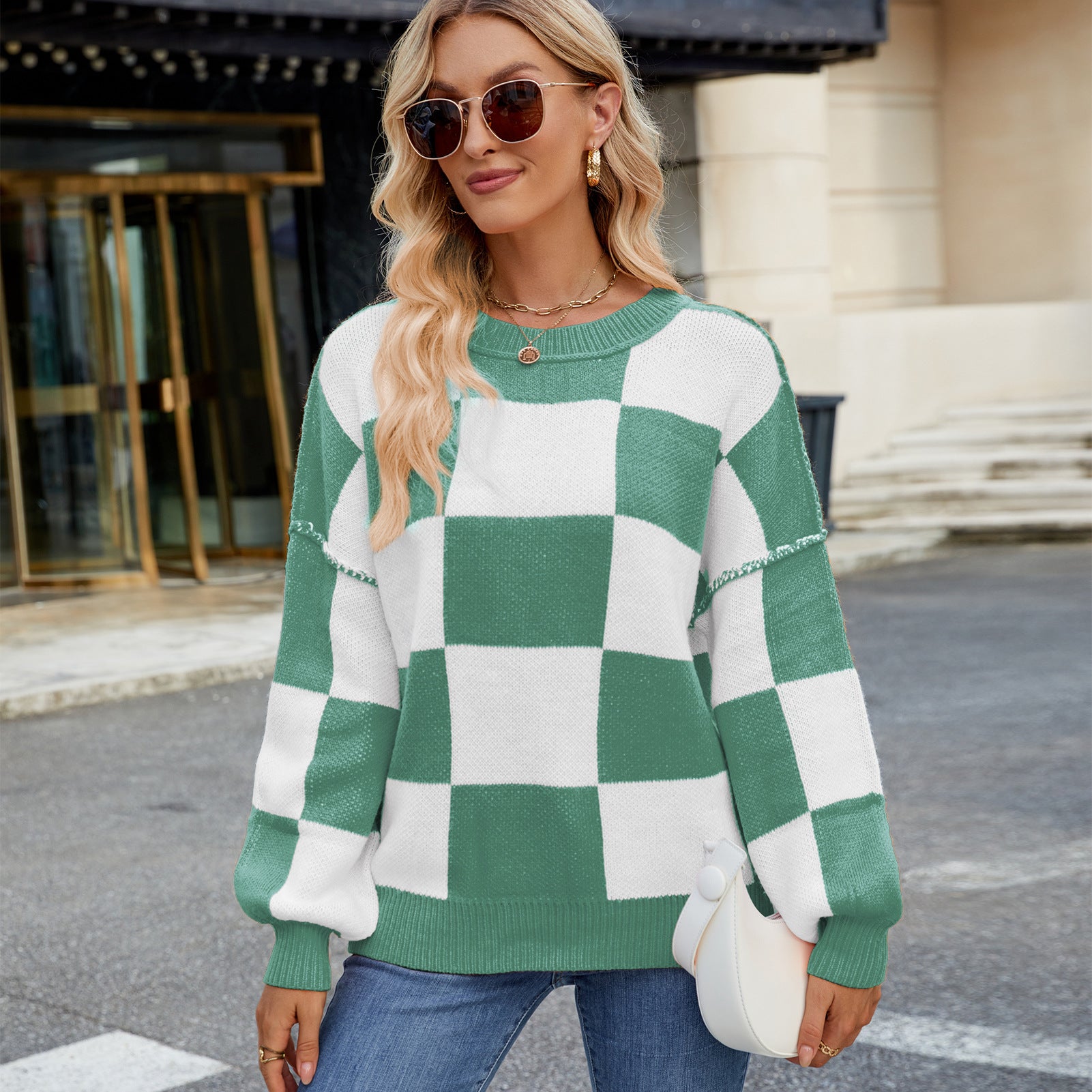Womens Checkerboard Knit Sweater For Cozy Warmth Everyday - OKOHOKO™ FASHION