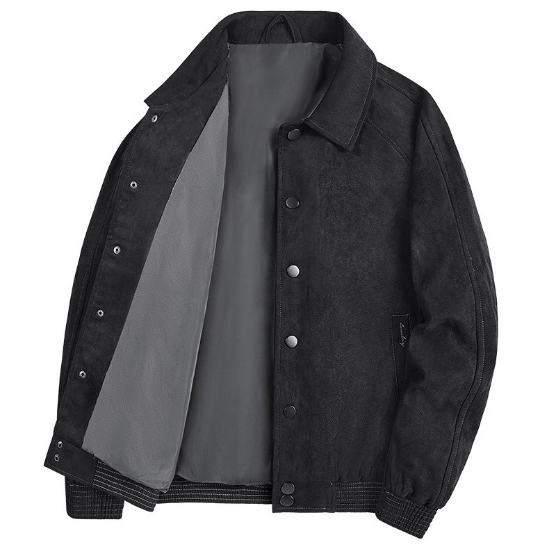 Lightweight Suede Jacket With Turn Down Collar All Weather Black Men's Clothing