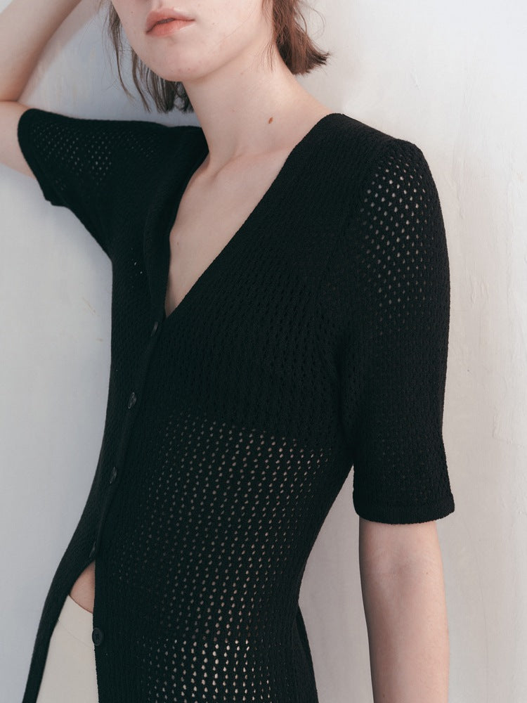Airy Long Knit Cardigan With Hollow Design All Seasons