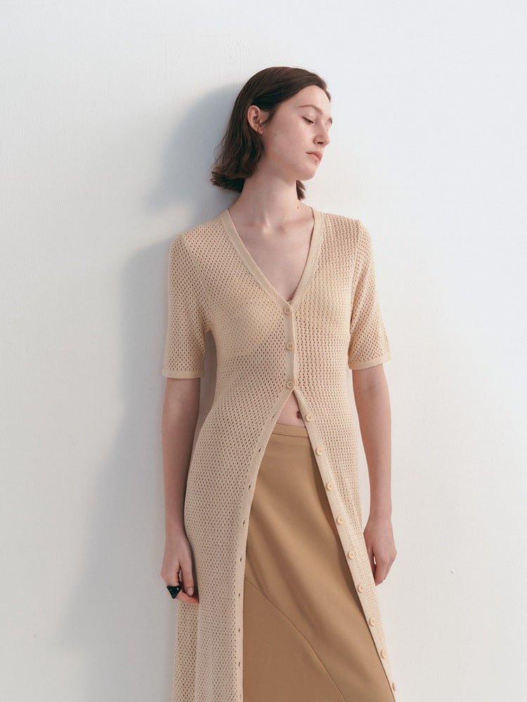 Airy Long Knit Cardigan With Hollow Design All Seasons Apricot