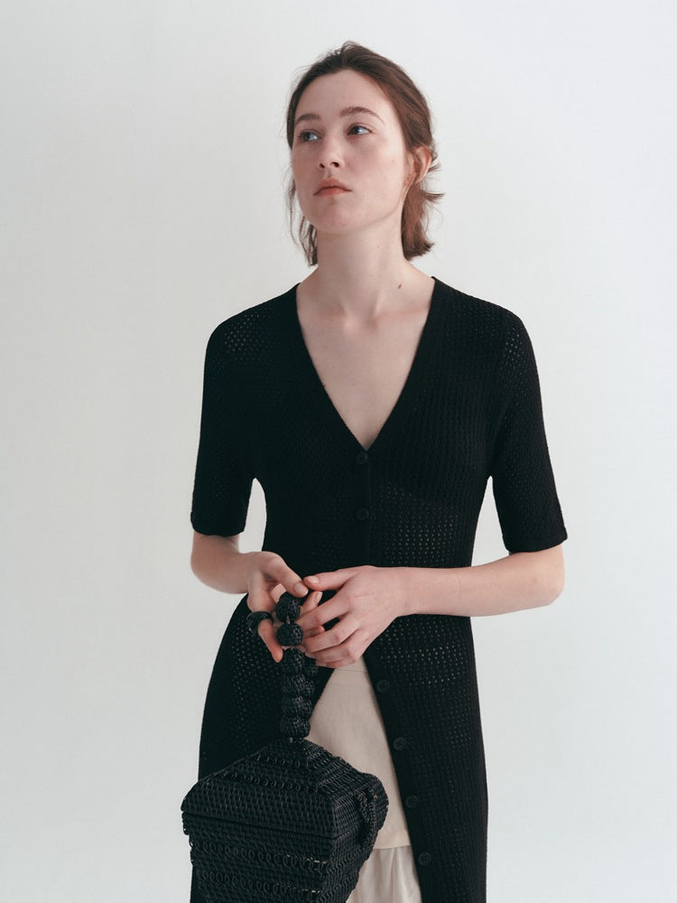 Airy Long Knit Cardigan With Hollow Design All Seasons