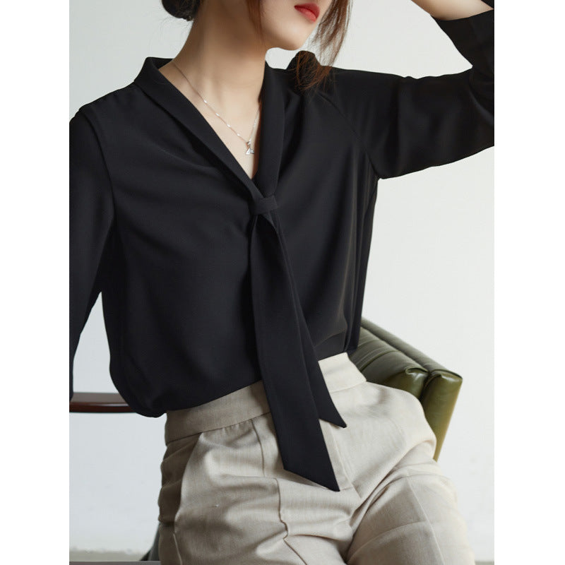 Chiffon Tie Neck Blouse Lightweight Office Top For Women Black Women Blouse