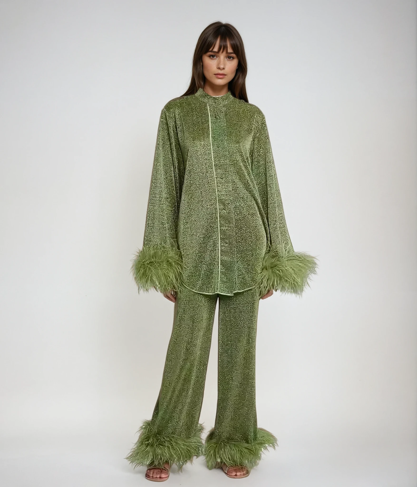 Satin Feather Collar Abaya Two Piece Set With Slip Elegant - OKOHOKO™ FASHION