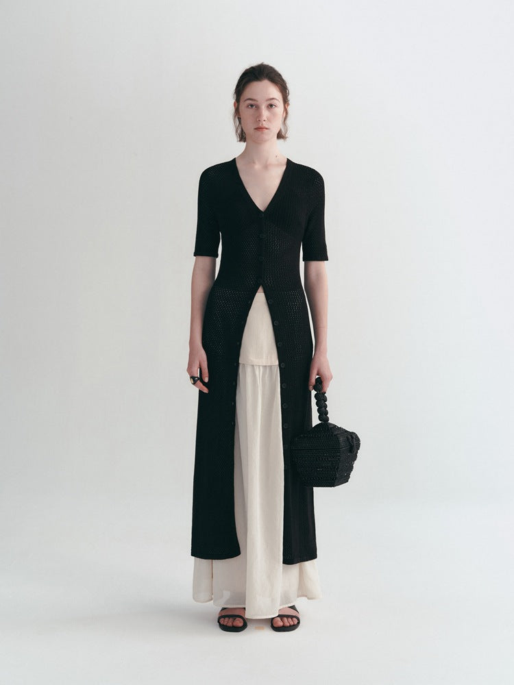 Airy Long Knit Cardigan With Hollow Design All Seasons