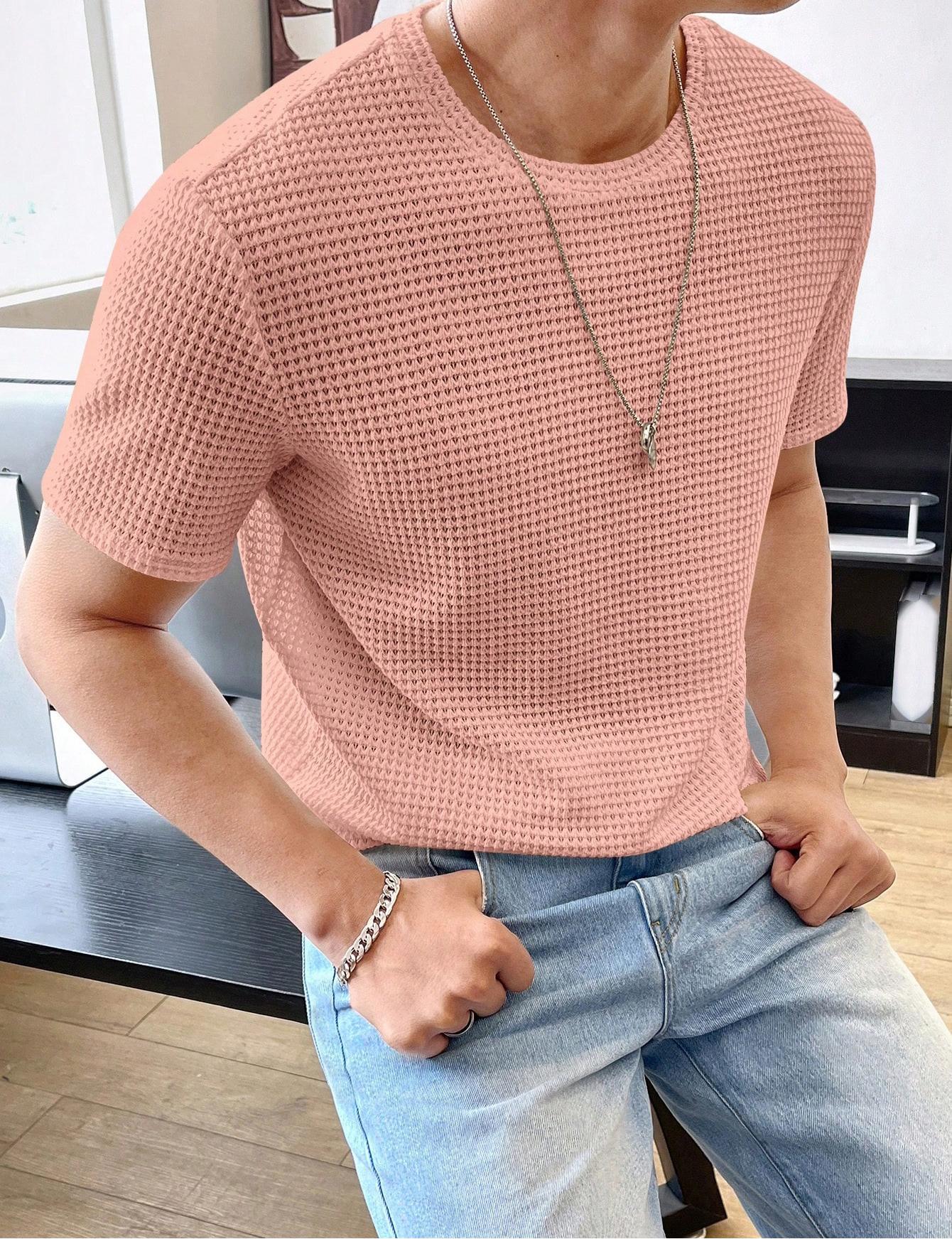 Mens Casual Loose Solid Color Short Sleeve T Shirt Pink T-Shirts