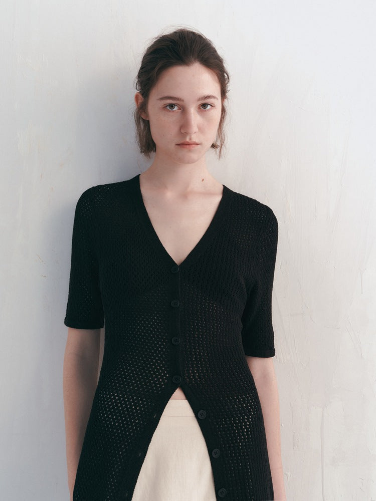 Airy Long Knit Cardigan With Hollow Design All Seasons