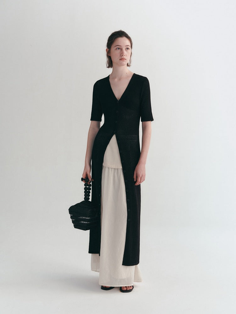 Airy Long Knit Cardigan With Hollow Design All Seasons Black