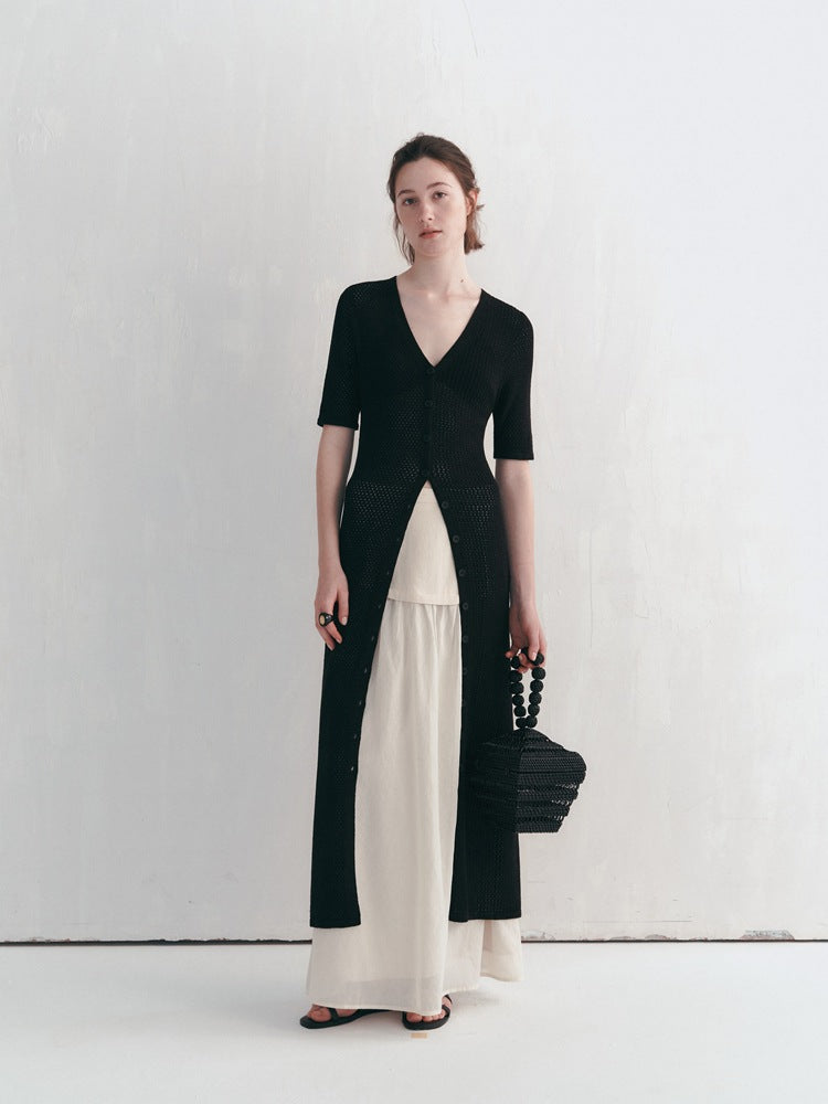 Airy Long Knit Cardigan With Hollow Design All Seasons